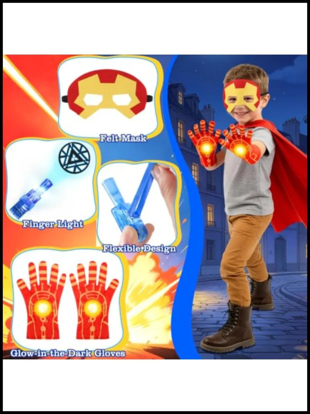 Superhero Cape Set with Masks, Gloves, Shield, Finger Lights Role-Play Costume